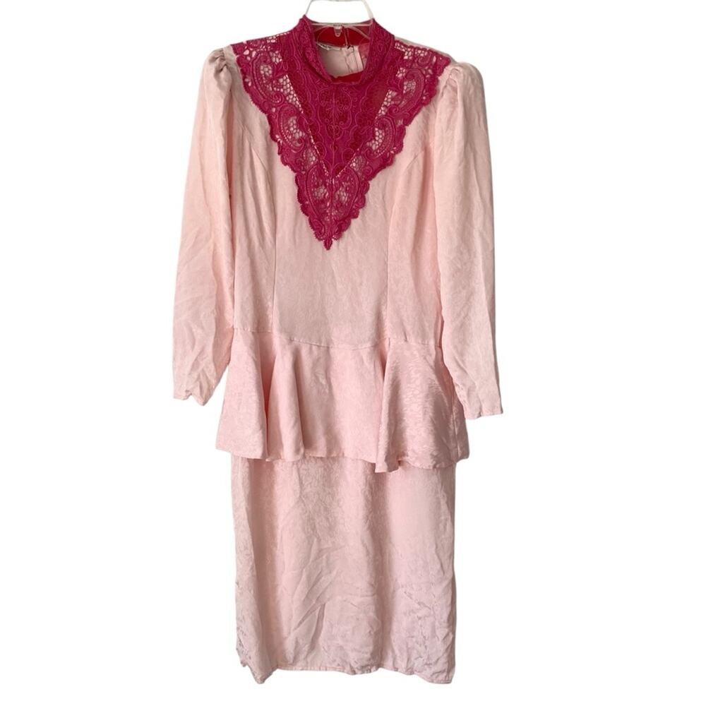 Vintage In The Mood Pink Peplum Dress Hot Pink Lace Detail size 14